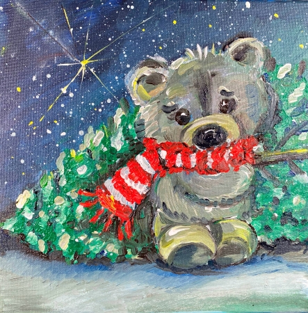 Teddy bear and Christmas tree by artist Anastasia Shimanskaya